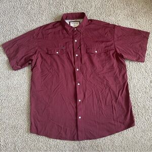 PONCHO Outdoor Maroon Pearl Snap Button Down Short Sleeve Shirt